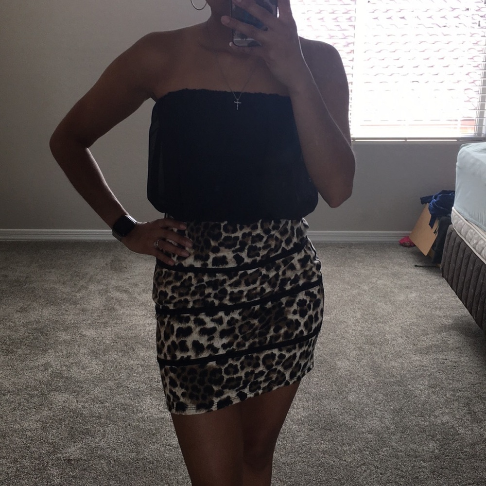 Black strapless animal print dress